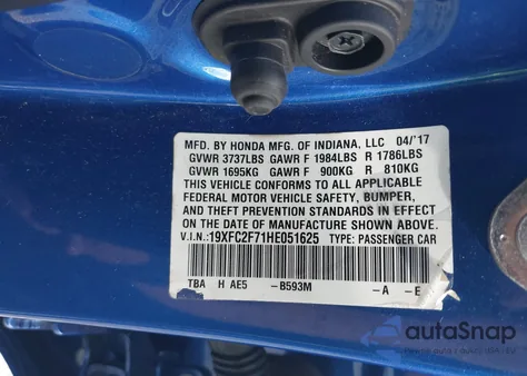 2017 Honda Civic Ex from USA, damaged, VIN 19XFC2F71HE051625